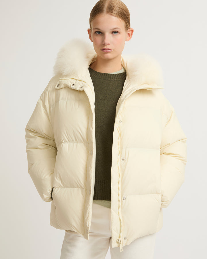 Hooded down jacket with fluffy lambswool trim-Yves salomon-Winter sale & boxing day