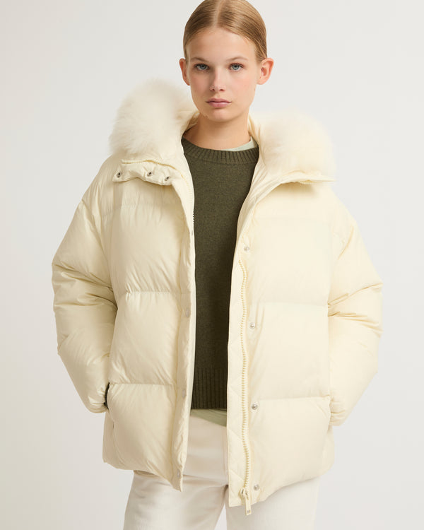 Hooded down jacket with fluffy lambswool trim - white - Yves Salomon