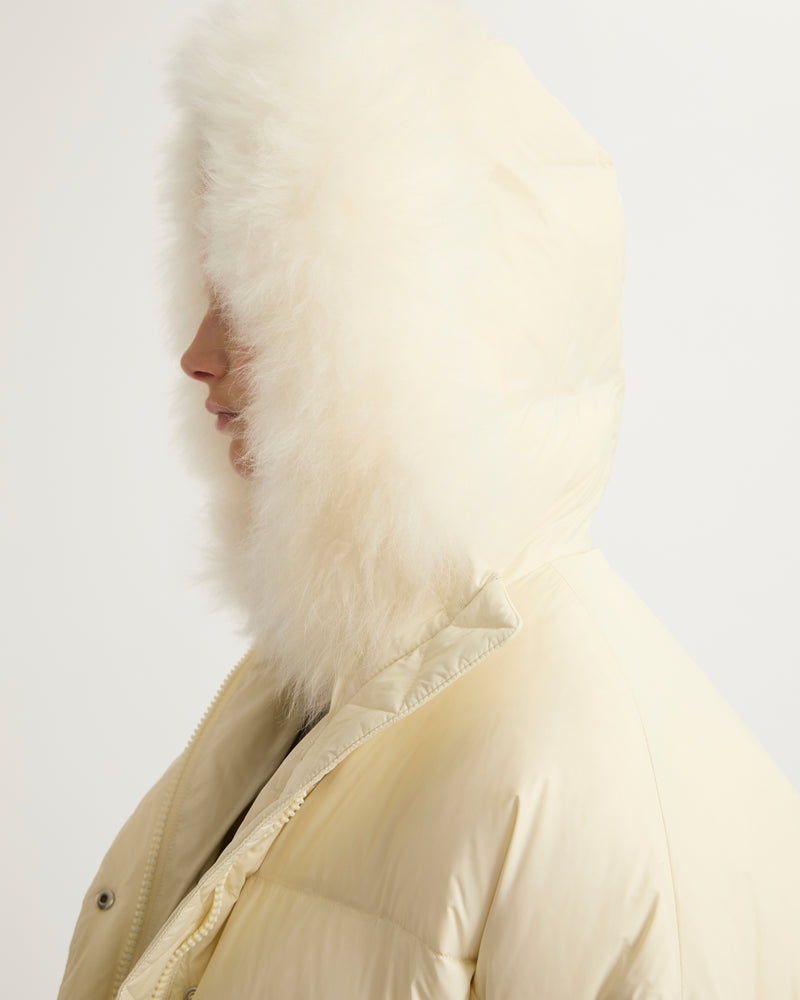 Hooded down jacket with fluffy lambswool trim - white - Yves Salomon