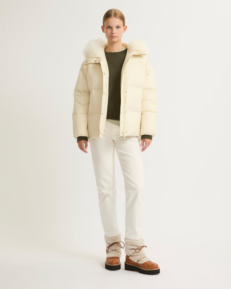 Hooded down jacket with fluffy lambswool trim - white - Yves Salomon