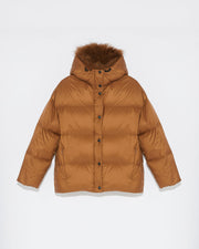 Hooded down jacket with fluffy lambswool trim