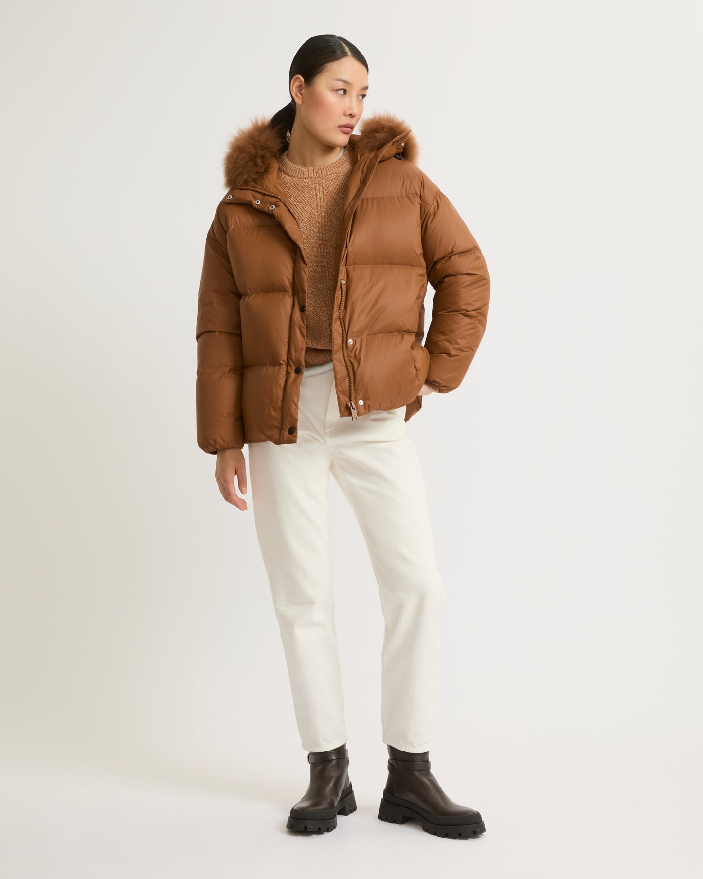 Hooded down jacket with fluffy lambswool trim-Yves salomon-Winter sale & boxing day