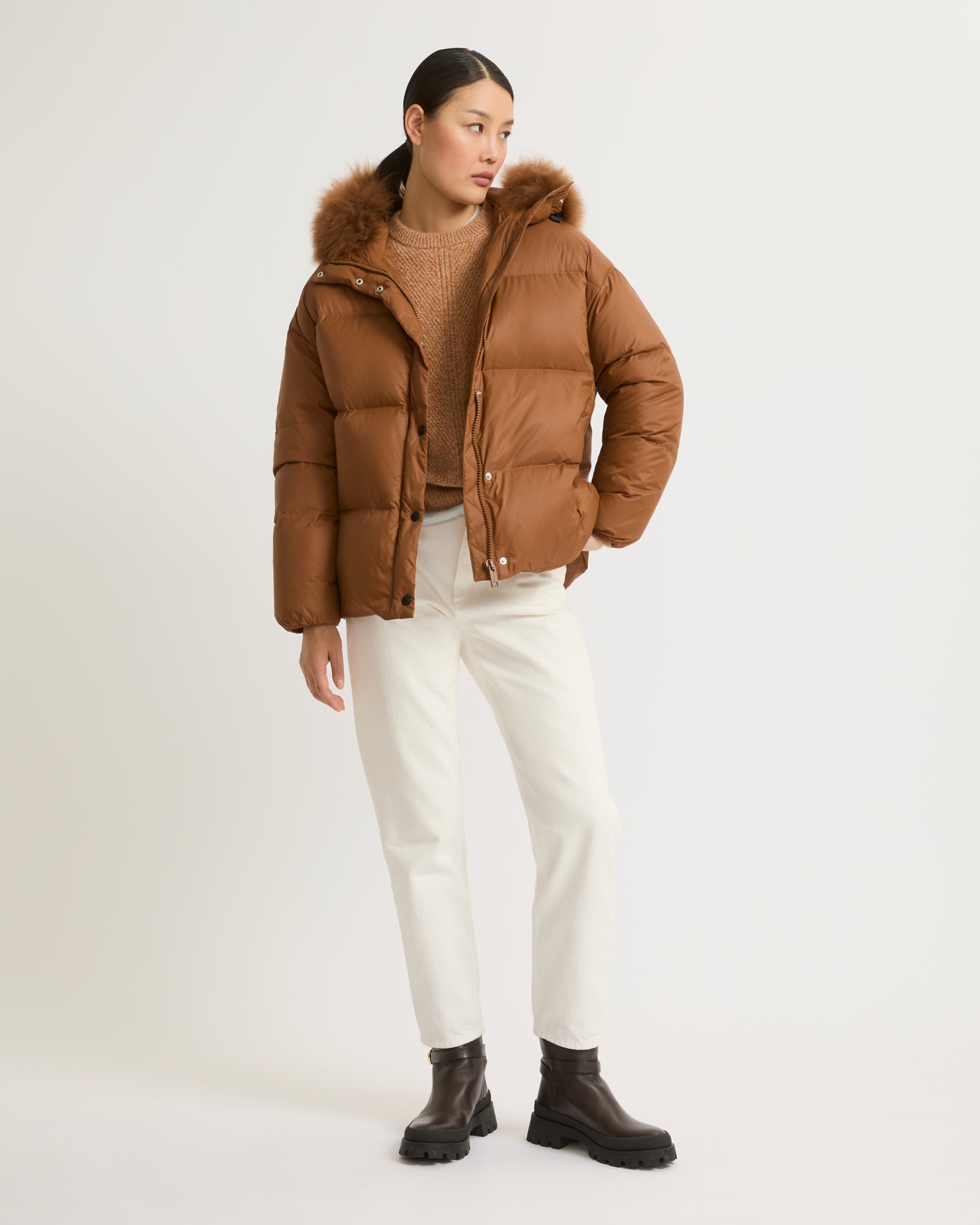 Hooded down jacket with fluffy lambswool trim-Yves salomon-Winter sale & boxing day