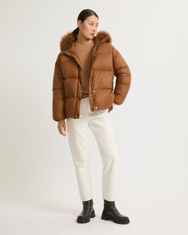 Hooded down jacket with fluffy lambswool trim - brown - Yves Salomon