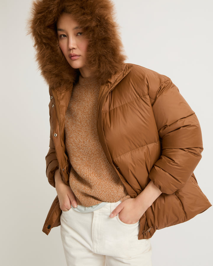 Hooded down jacket with fluffy lambswool trim-Yves salomon-Winter sale & boxing day