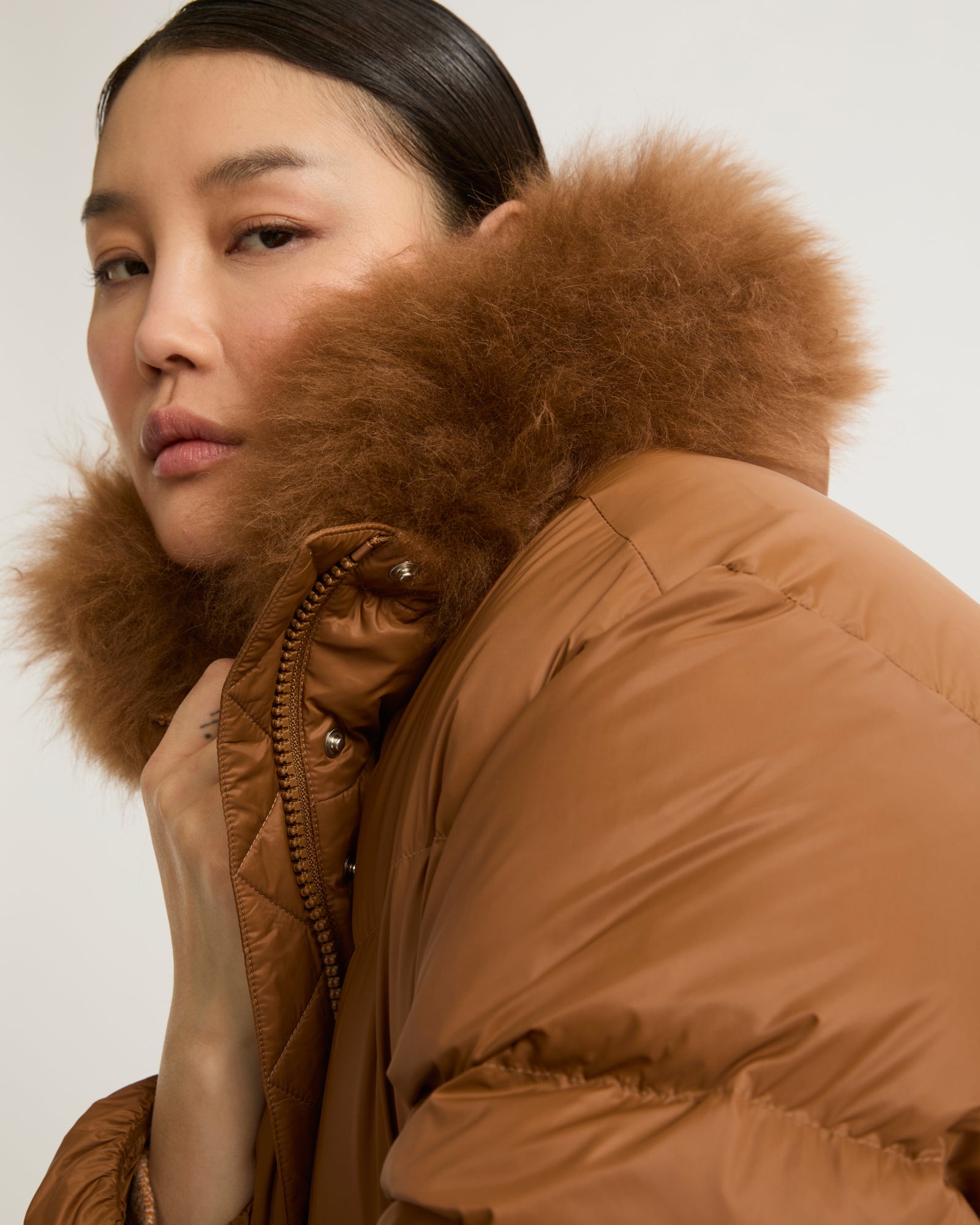 Down jacket with fluffy lambswool trim - brown - Yves