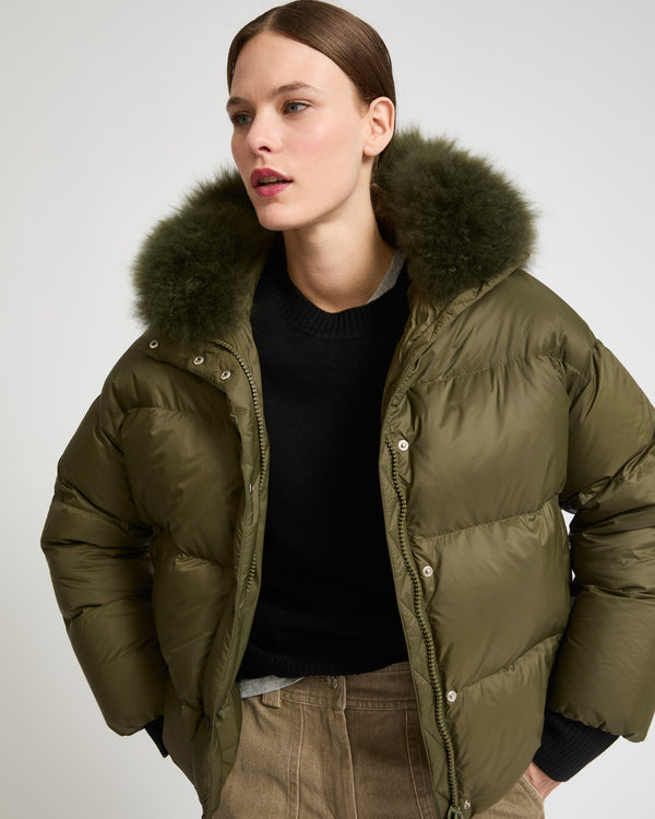 Hooded down jacket with fluffy lambswool trim - khaki green - Yves Salomon