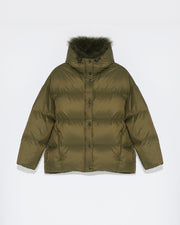 Hooded down jacket with fluffy lambswool trim