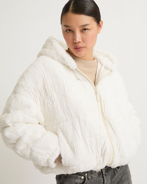 Short hooded down jacket in technical fabric reversible ribbed rex rabbit fur - white - Yves Salomon