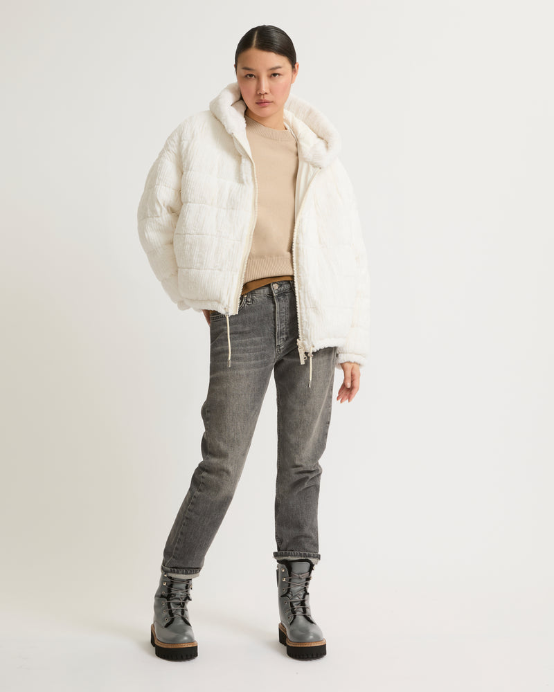 Short hooded down jacket in technical fabric reversible ribbed rex rabbit fur - white - Yves Salomon