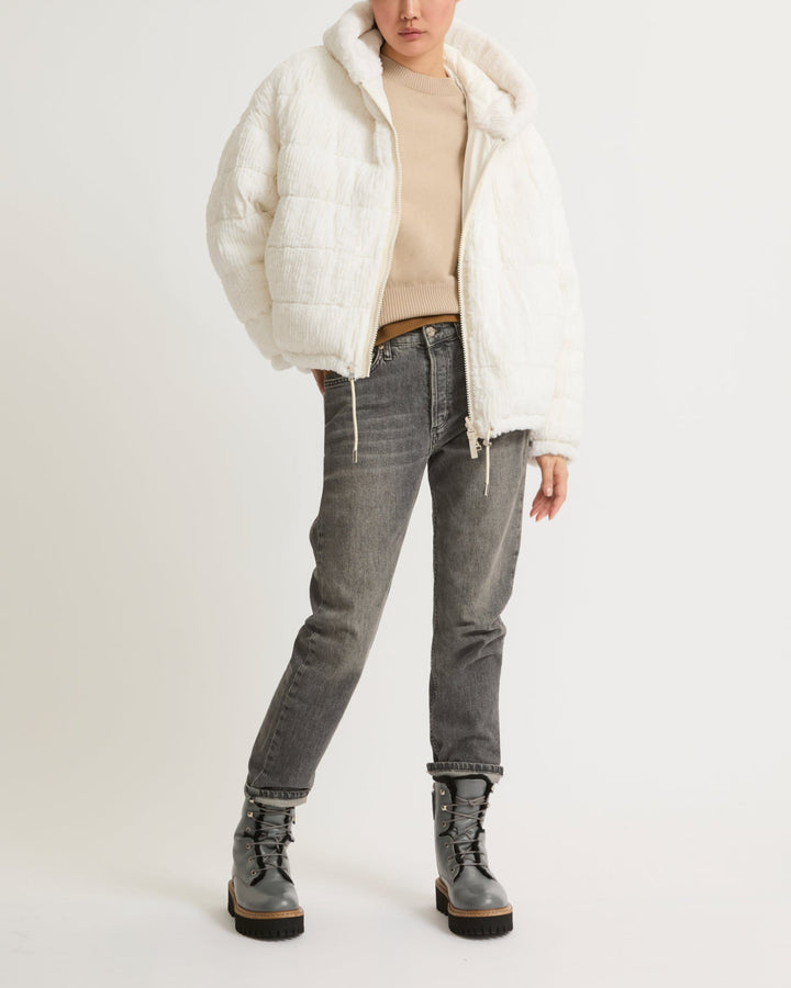 Short hooded down jacket in technical fabric reversible ribbed rex rabbit fur