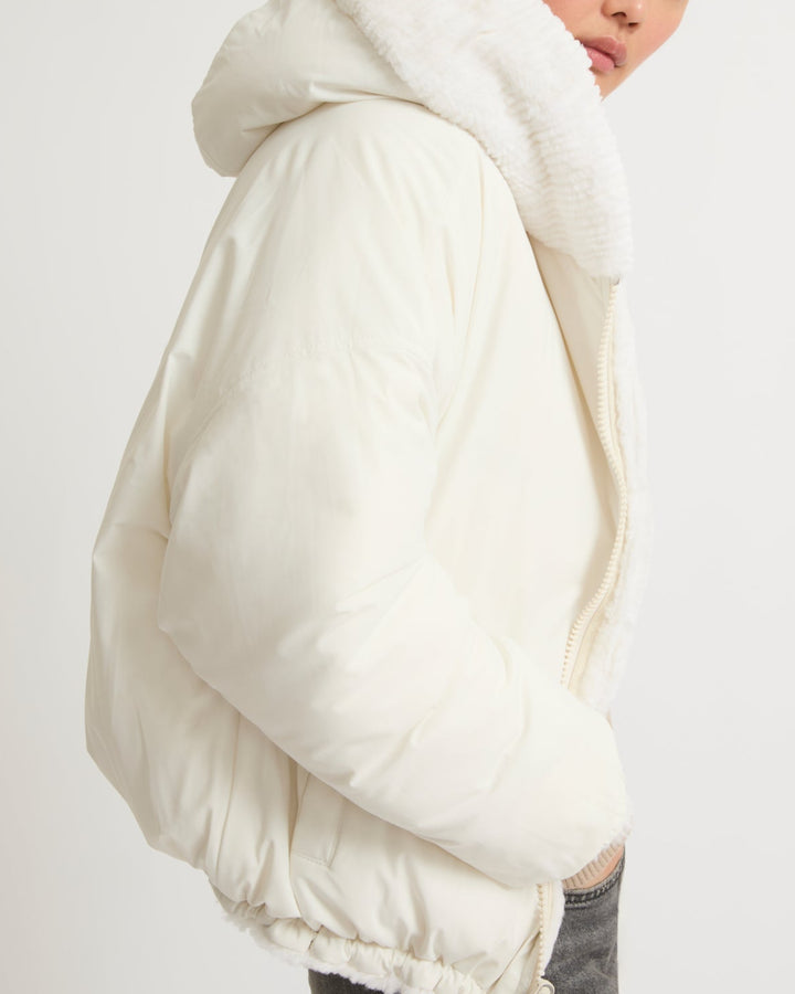 Short hooded down jacket in technical fabric reversible ribbed rex rabbit fur