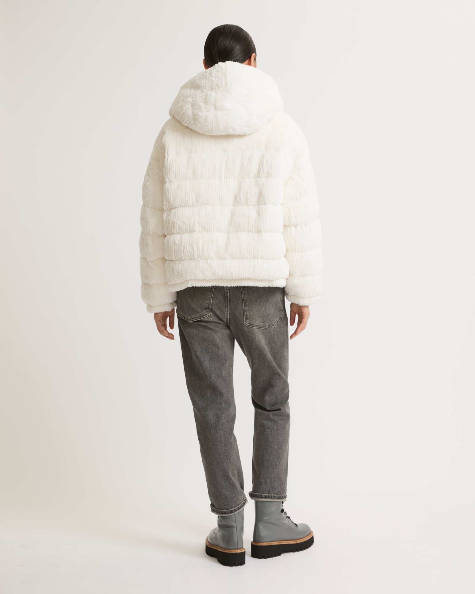 Short hooded down jacket in technical fabric reversible ribbed rex rabbit fur - white - Yves Salomon