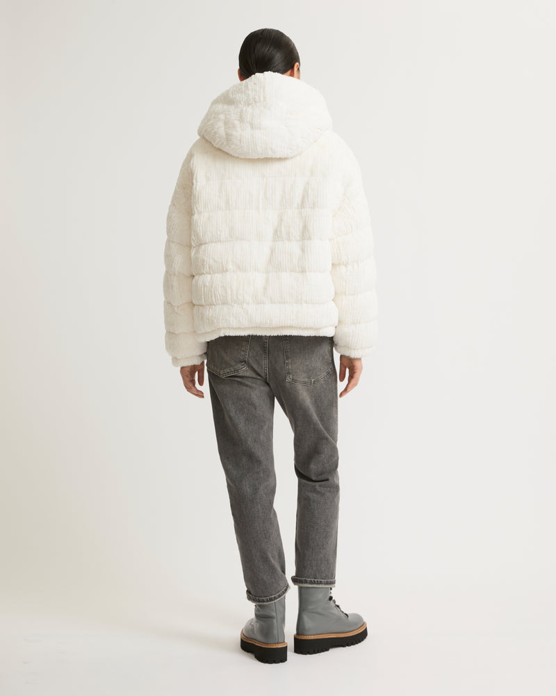 Short hooded down jacket in technical fabric reversible ribbed rex rabbit fur - white - Yves Salomon