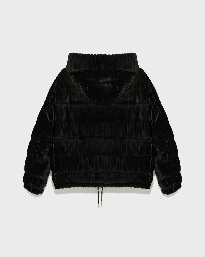 Short hooded down jacket in technical fabric reversible ribbed rex rabbit fur - black - Yves Salomon