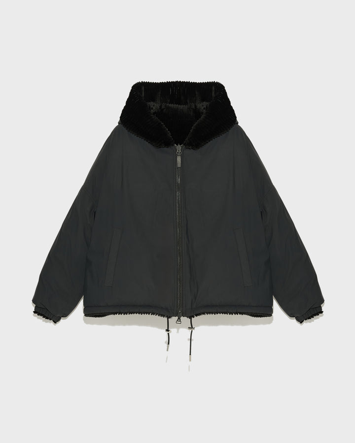 Black Friday - Yves Salomon  -Short hooded down jacket in technical fabric reversible ribbed rex rabbit fur