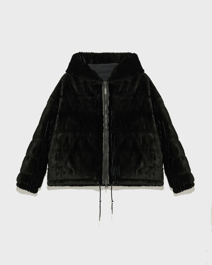 Black Friday - Yves Salomon  -Short hooded down jacket in technical fabric reversible ribbed rex rabbit fur