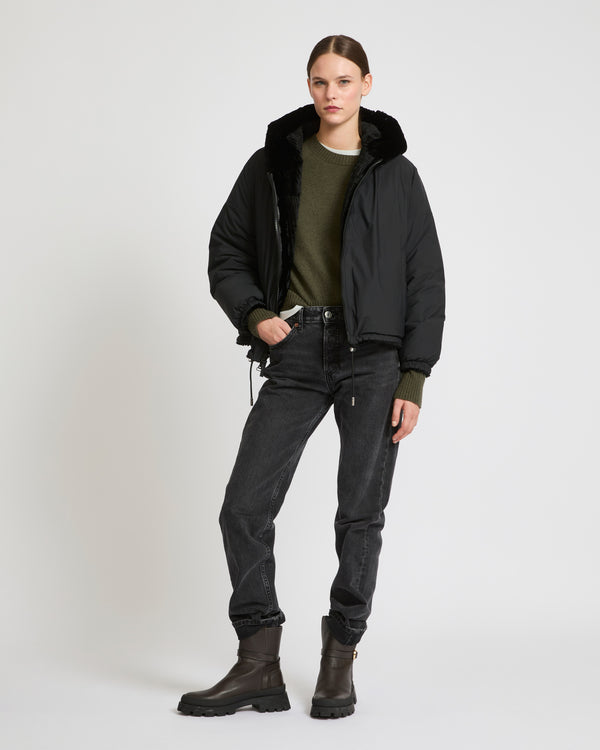 Short hooded down jacket in technical fabric reversible ribbed rex rabbit fur - black - Yves Salomon