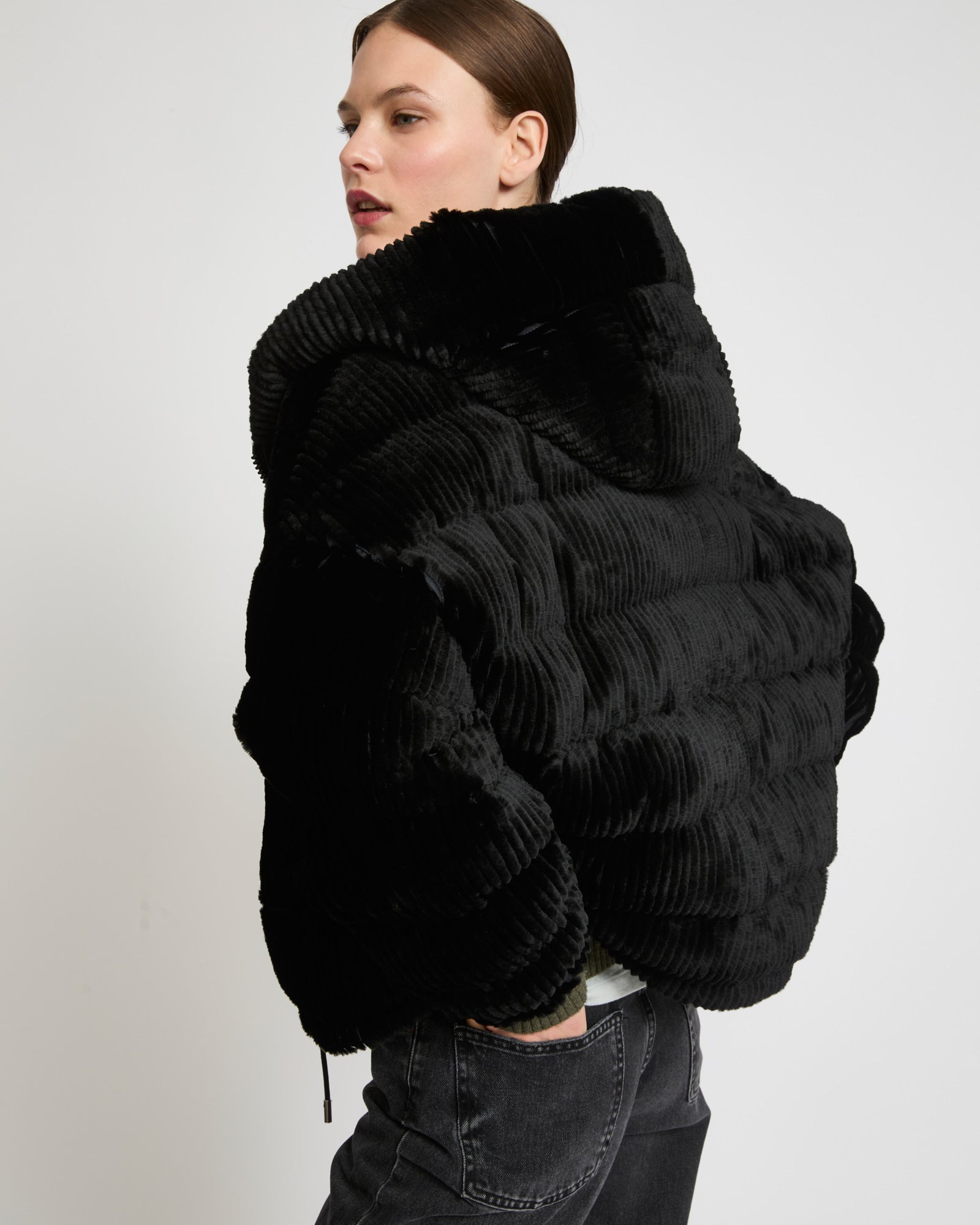 Short hooded down jacket in technical fabric reversible ribbed rex rabbit  fur - black - Yves Salomon – Yves Salomon US