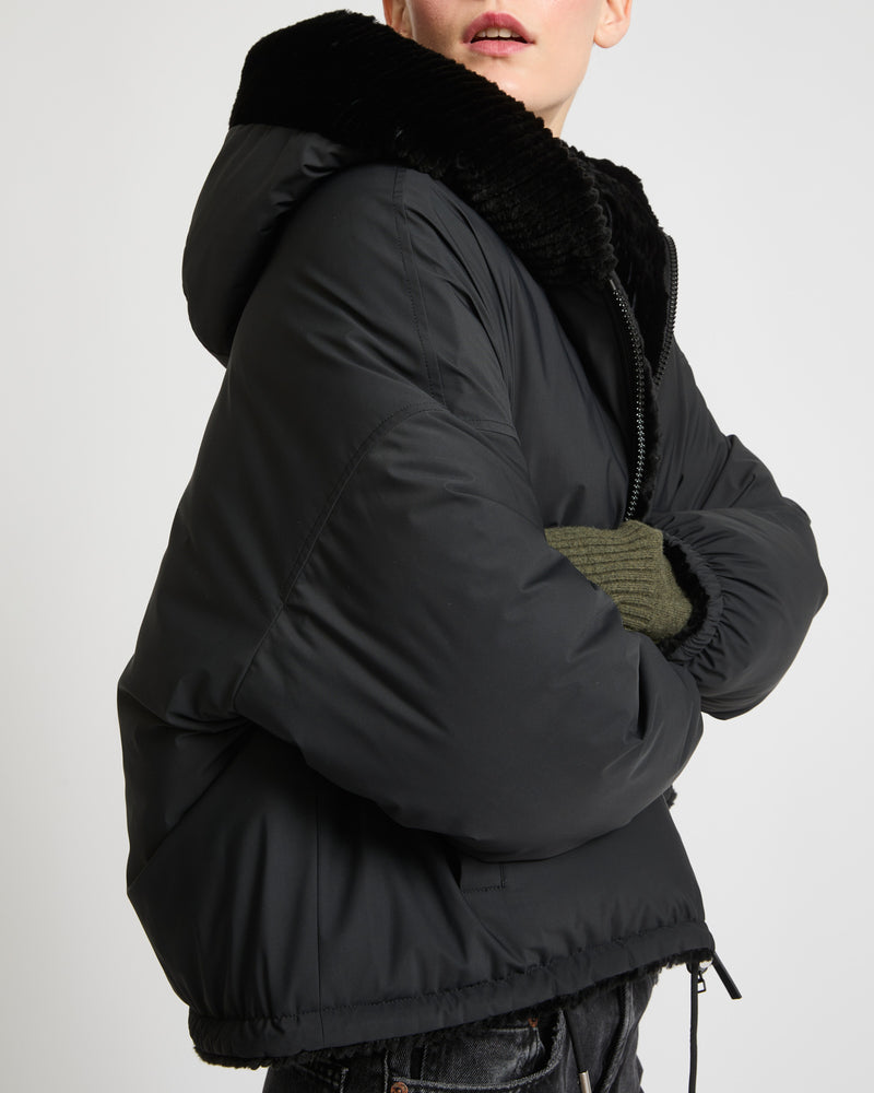 Short hooded down jacket in technical fabric reversible ribbed rex rabbit fur - black - Yves Salomon