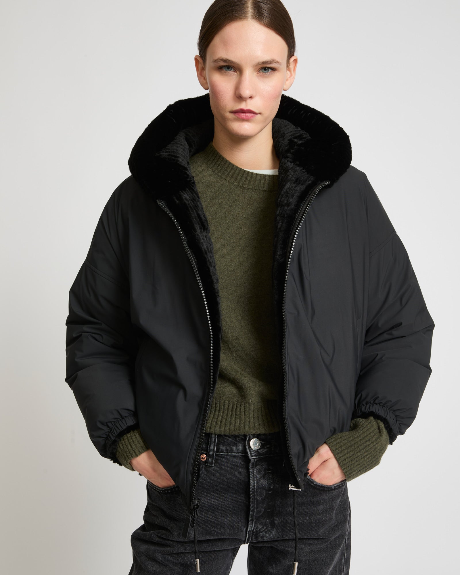 Short hooded down jacket in technical fabric reversible ribbed rex rabbit  fur - black - Yves Salomon – Yves Salomon US