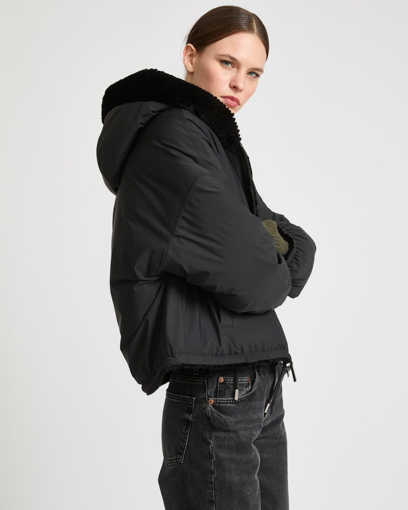 Short hooded down jacket in technical fabric reversible ribbed rex rabbit fur - black - Yves Salomon