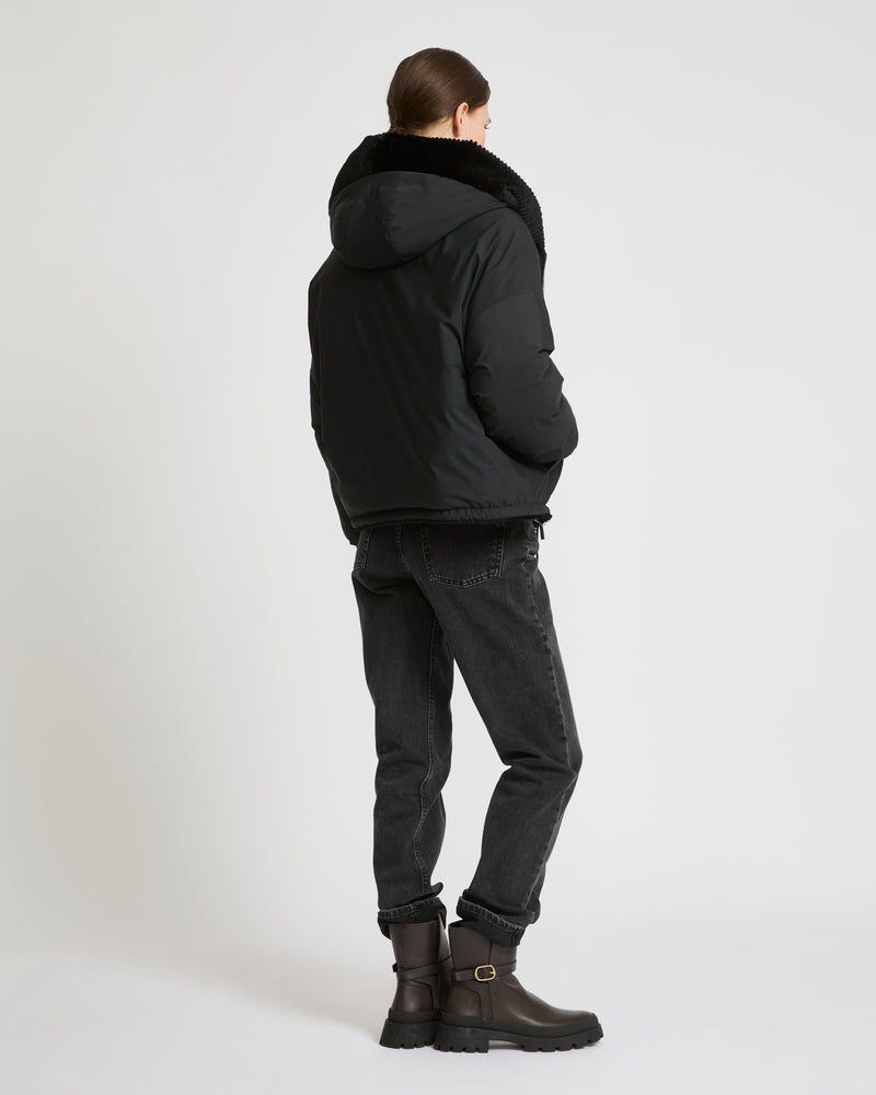 Short hooded down jacket in technical fabric reversible ribbed rex rabbit fur - black - Yves Salomon