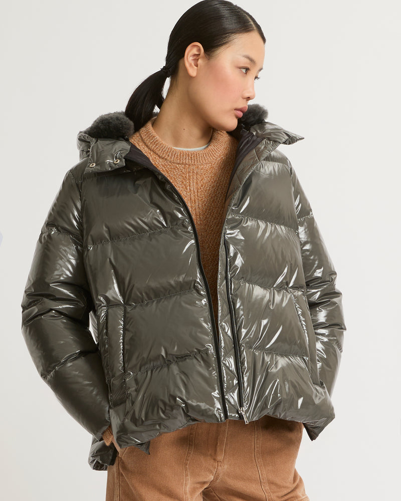 Hooded down jacket in shiny laminated nylon - grey - Yves Salomon