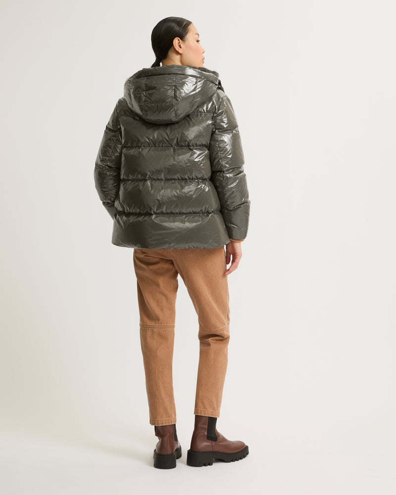 Hooded down jacket in shiny laminated nylon - grey - Yves Salomon