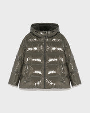 Hooded down jacket in shiny laminated nylon