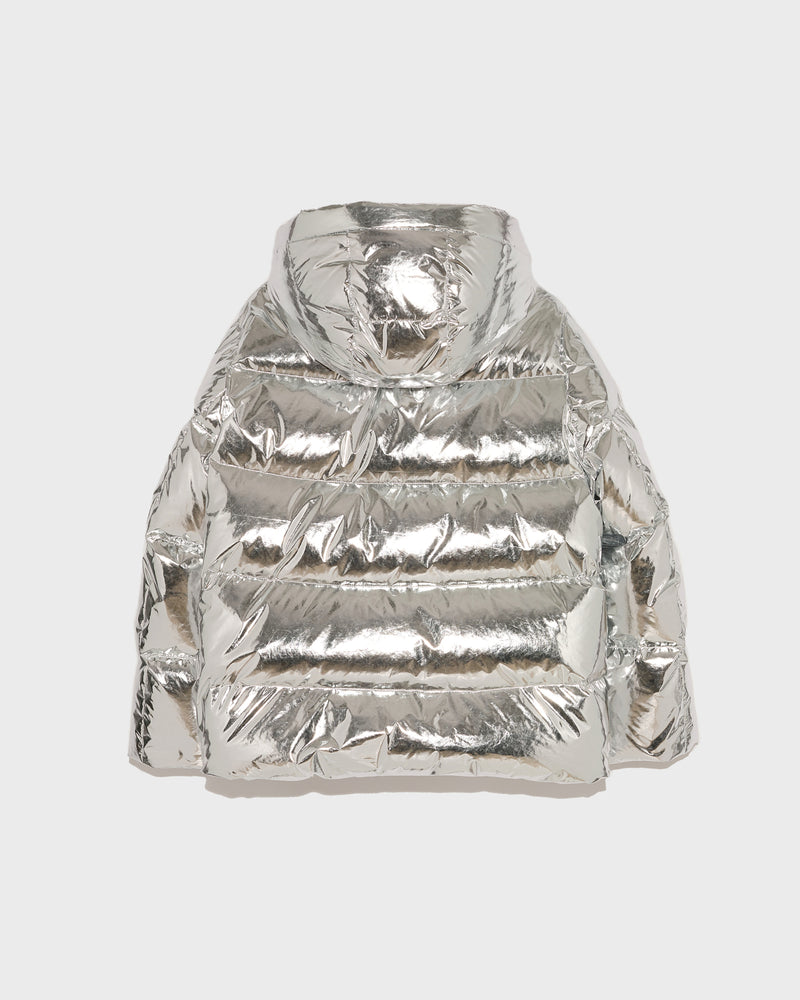 Hooded down jacket in shiny laminated nylon - silver - Yves Salomon