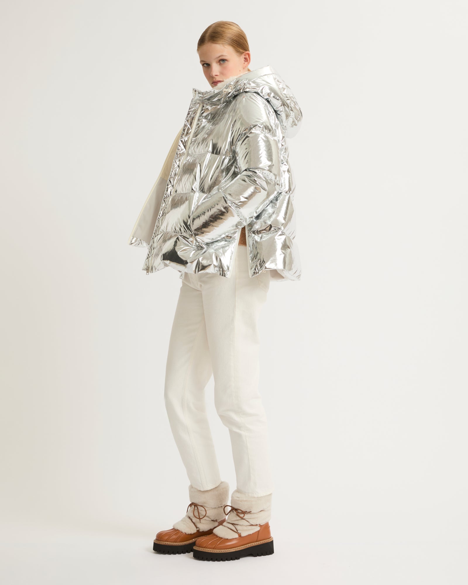 Hooded down jacket in shiny laminated nylon - silver - Yves
