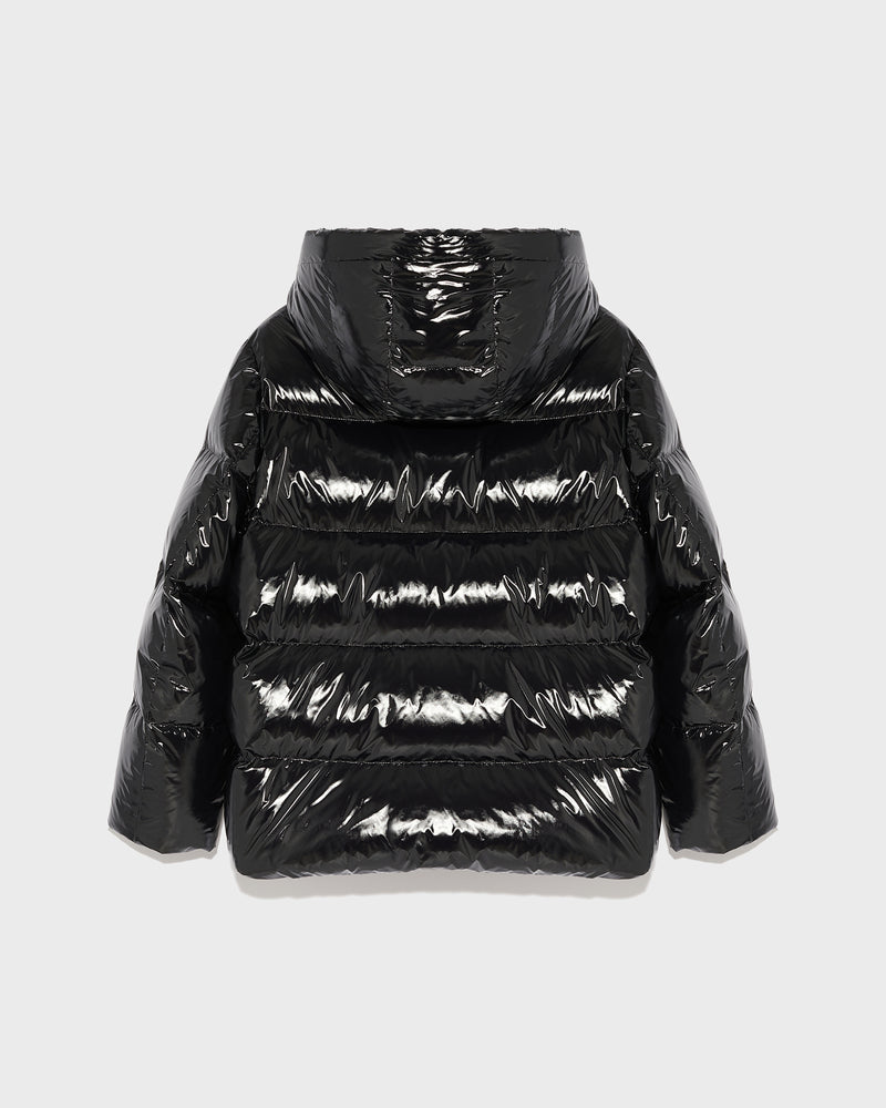 Hooded down jacket in shiny laminated nylon - black - Yves Salomon