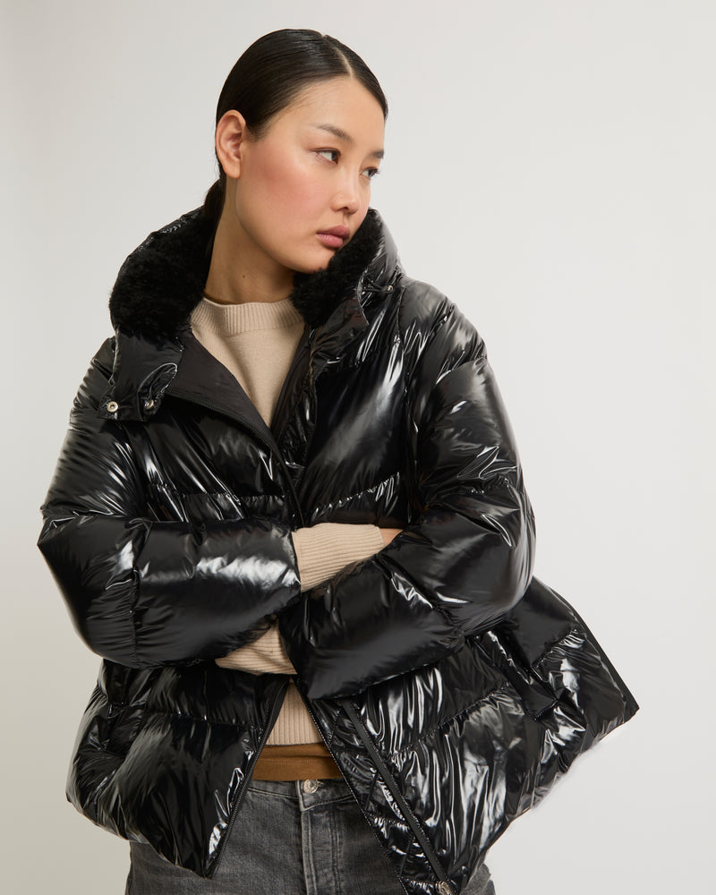 Hooded down jacket in shiny laminated nylon - black - Yves Salomon