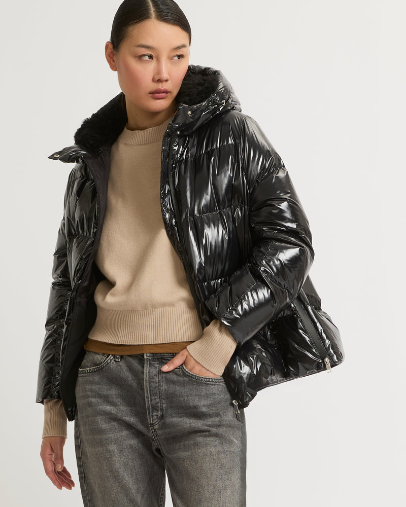 Hooded down jacket in shiny laminated nylon - black - Yves Salomon