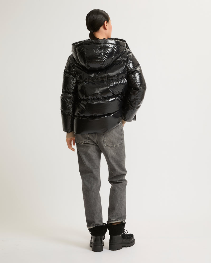 Hooded down jacket in shiny laminated nylon - black - Yves Salomon