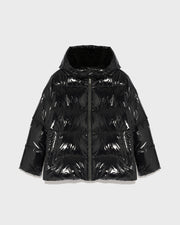 Hooded down jacket in shiny laminated nylon