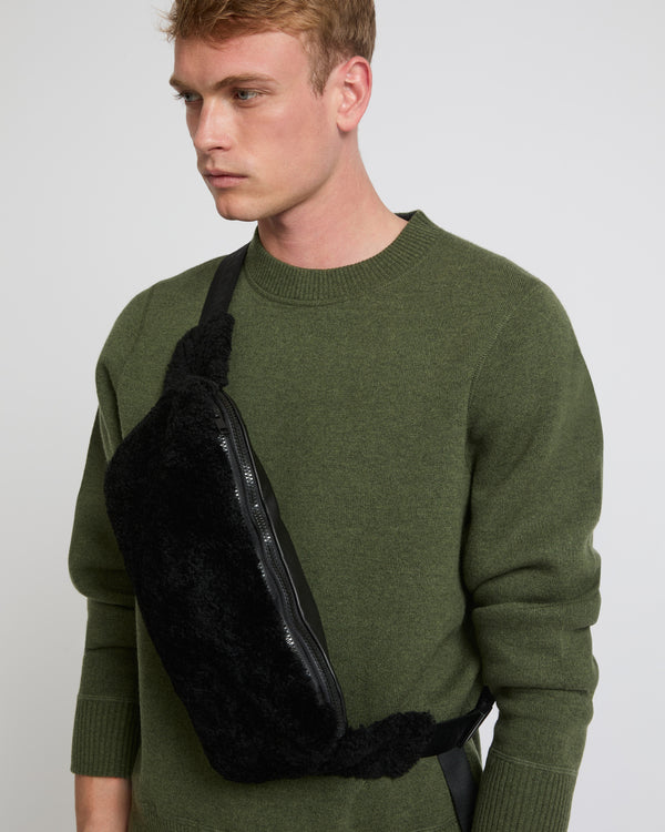 Shearling and leather waist bag - black - Yves Salomon