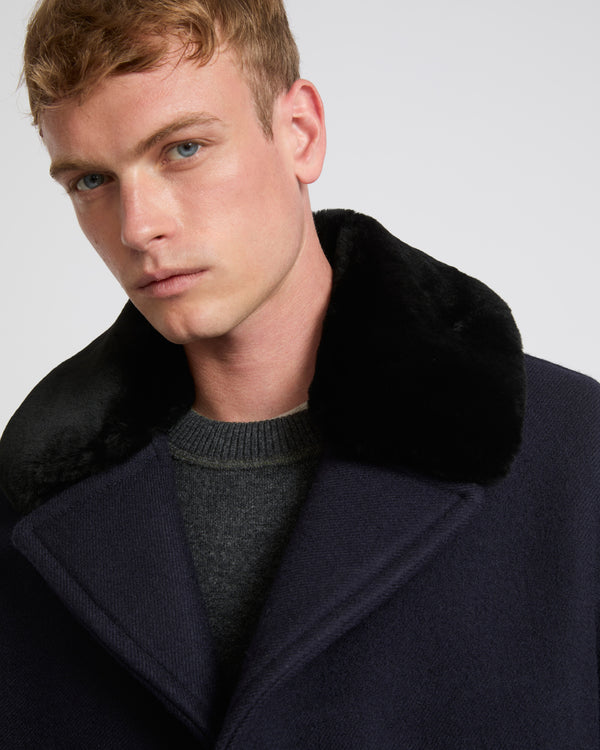 Woollen fabric pea coat with shearling collar - navy - Yves Salomon