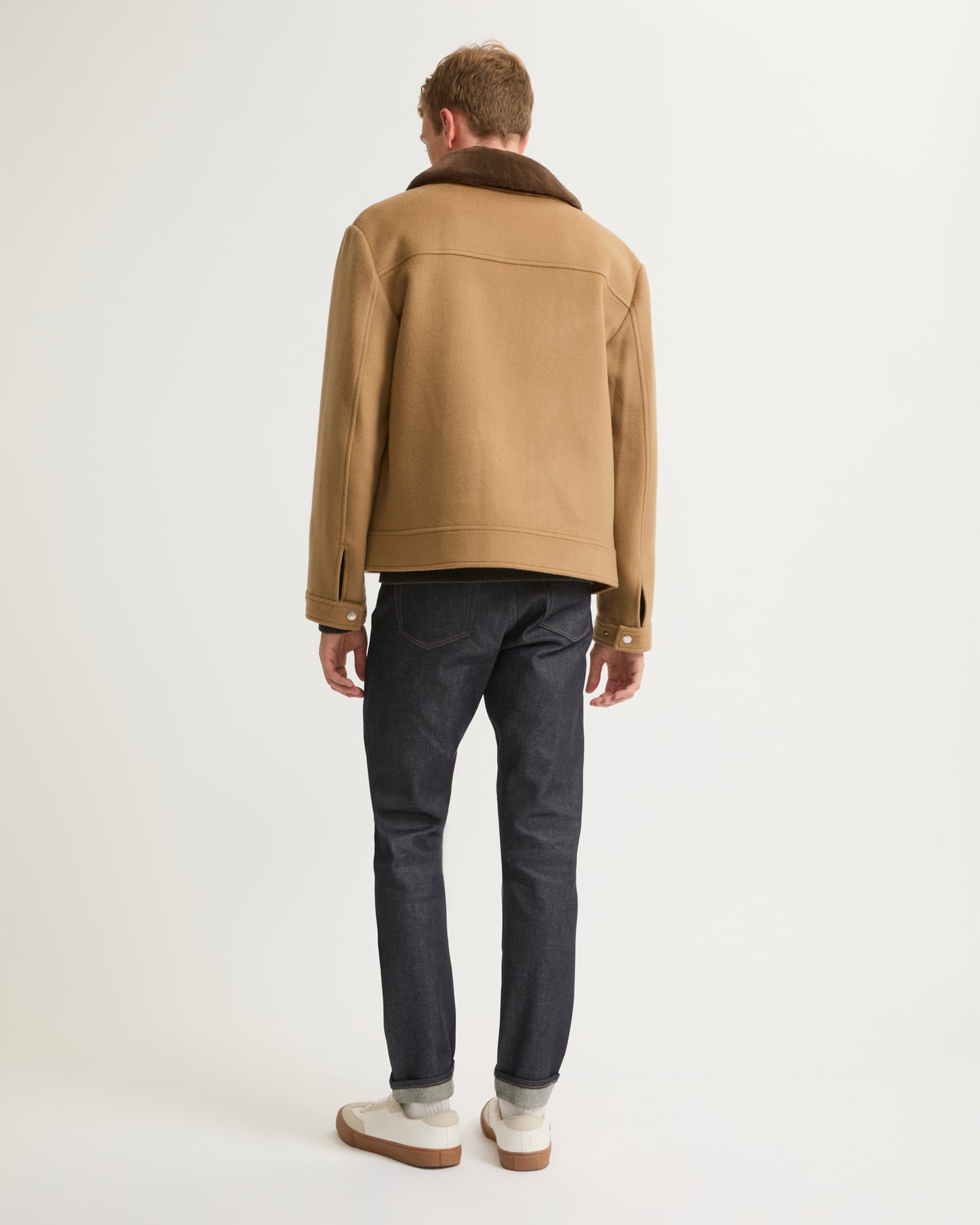 Zipped jacket in double-sided wool-cashmere fabric with mink collar