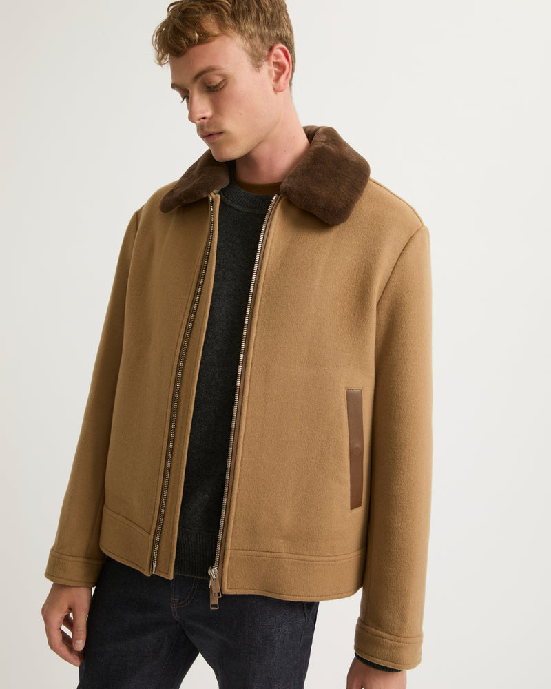 Zipped jacket in double-sided wool-cashmere fabric with mink collar - toast - Yves Salomon