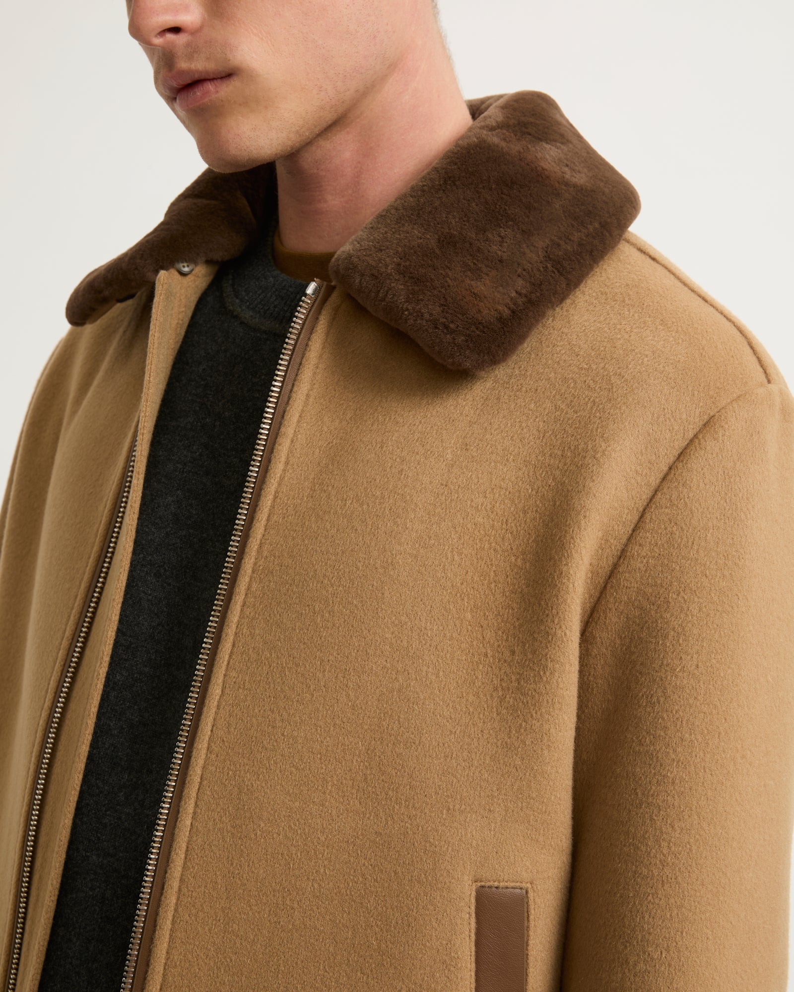 Zipped jacket in double-sided wool-cashmere fabric with mink collar