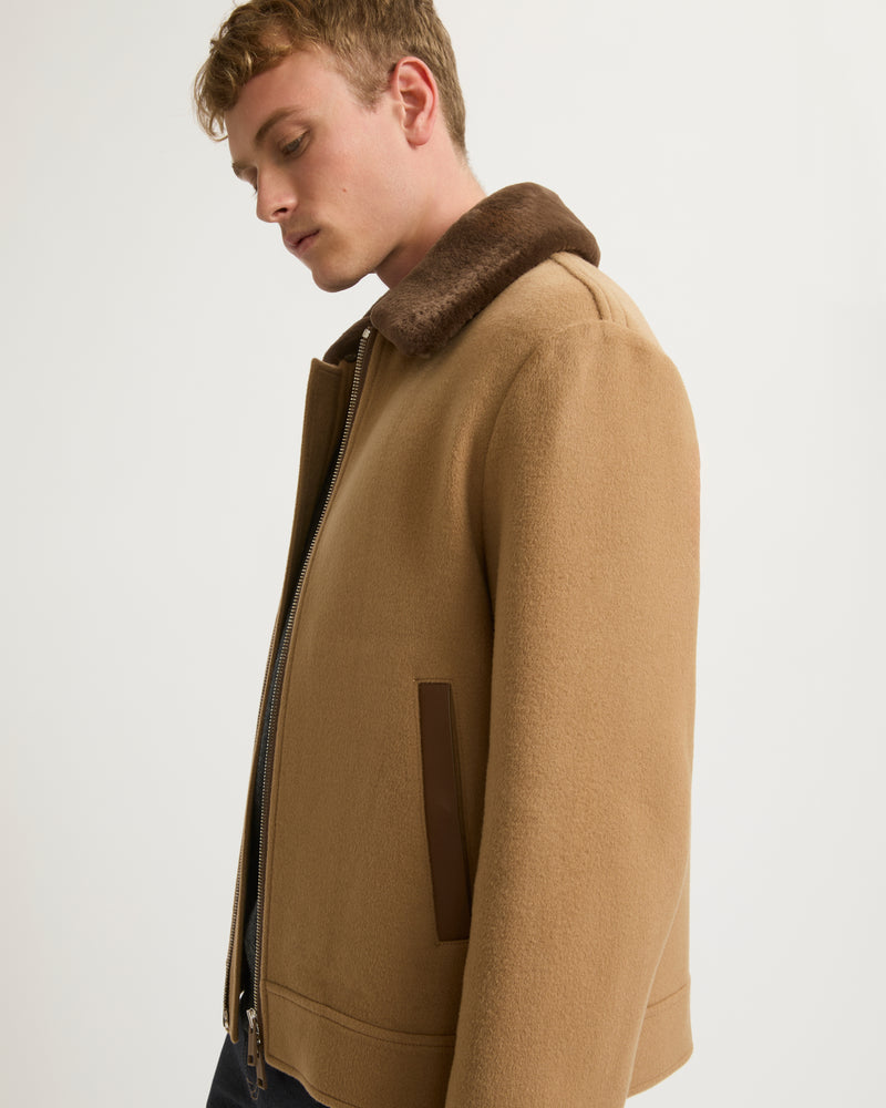 Zipped jacket in double-sided wool-cashmere fabric with mink collar - toast - Yves Salomon