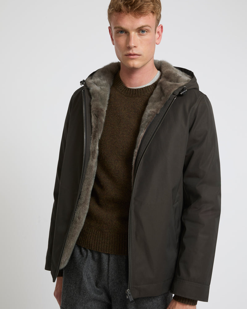 Hooded jacket in technical gabardine and mink fur - brown - Yves Salomon