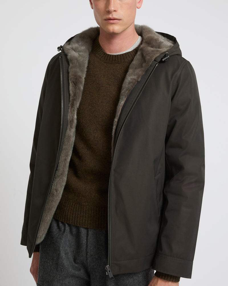 Hooded jacket in technical gabardine and mink fur