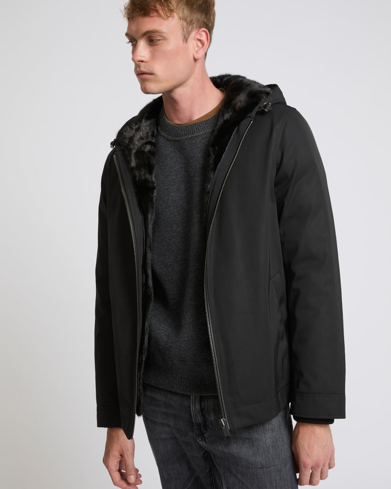 Hooded jacket in technical gabardine and mink fur - black - Yves Salomon