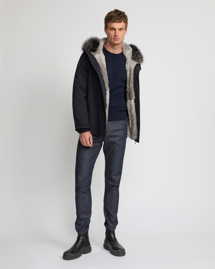 Short parka in technical wool and fox and rabbit fur