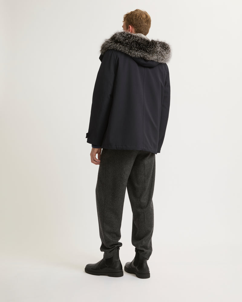 Short parka in technical wool and fur