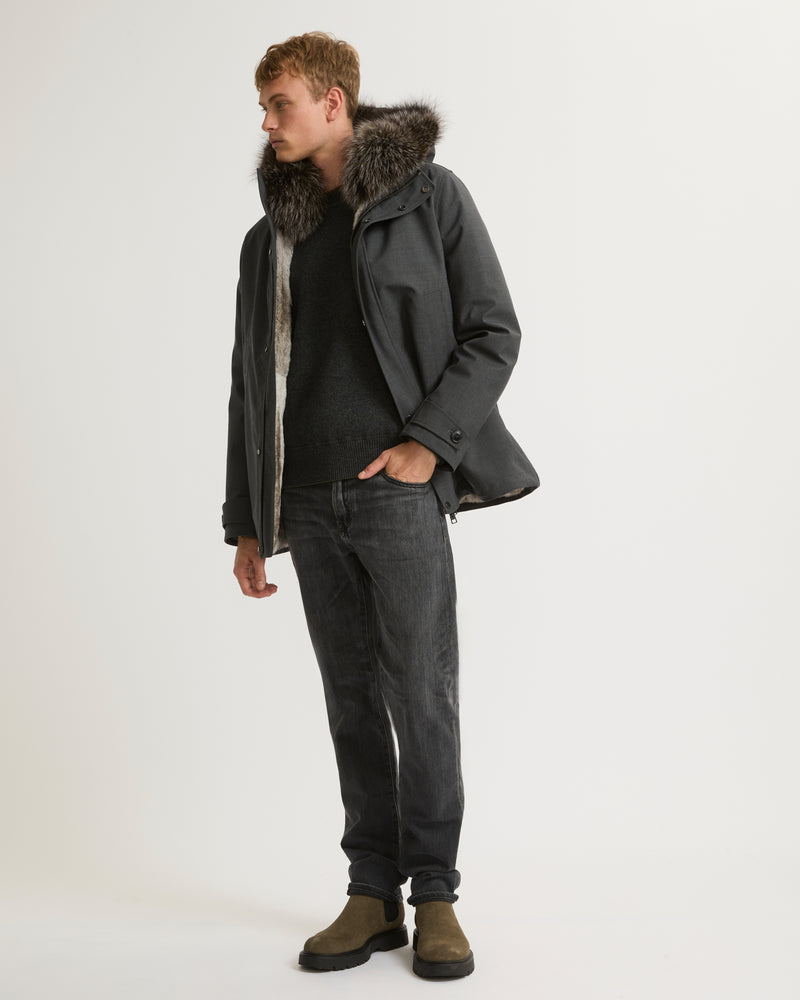 Short parka in technical wool and fur