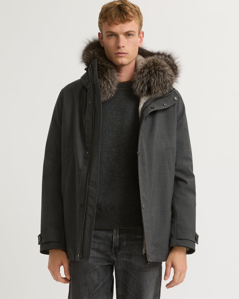 Short parka in technical wool and fur